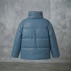 Women's Steel Blue Oversized Leather Puffer Jacket