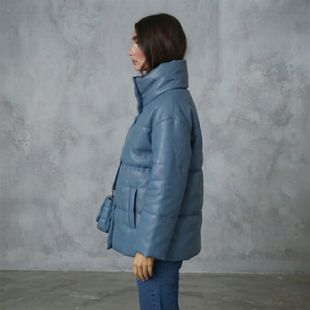 Women's Steel Blue Oversized Leather Puffer Jacket