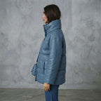 Women's Steel Blue Oversized Leather Puffer Jacket