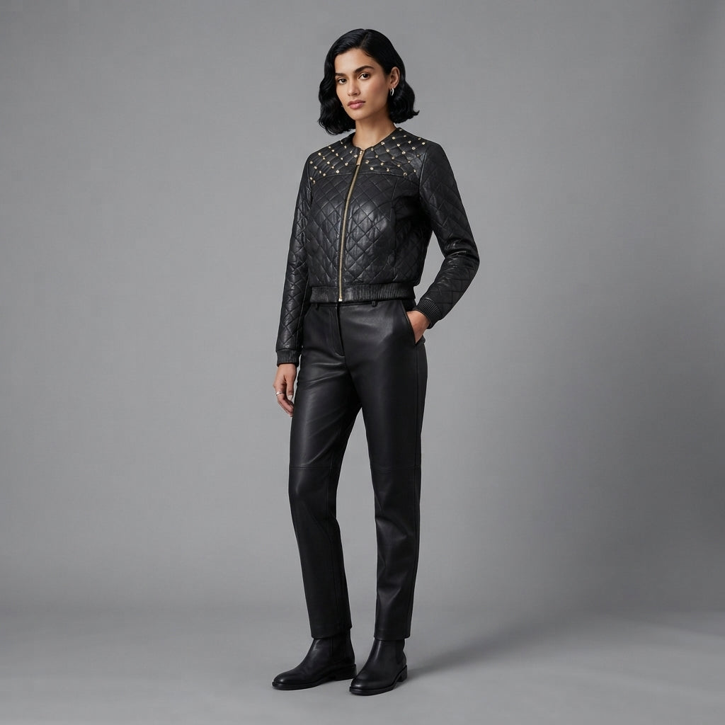 Women's Studded Quilted Leather Bomber Jacket
