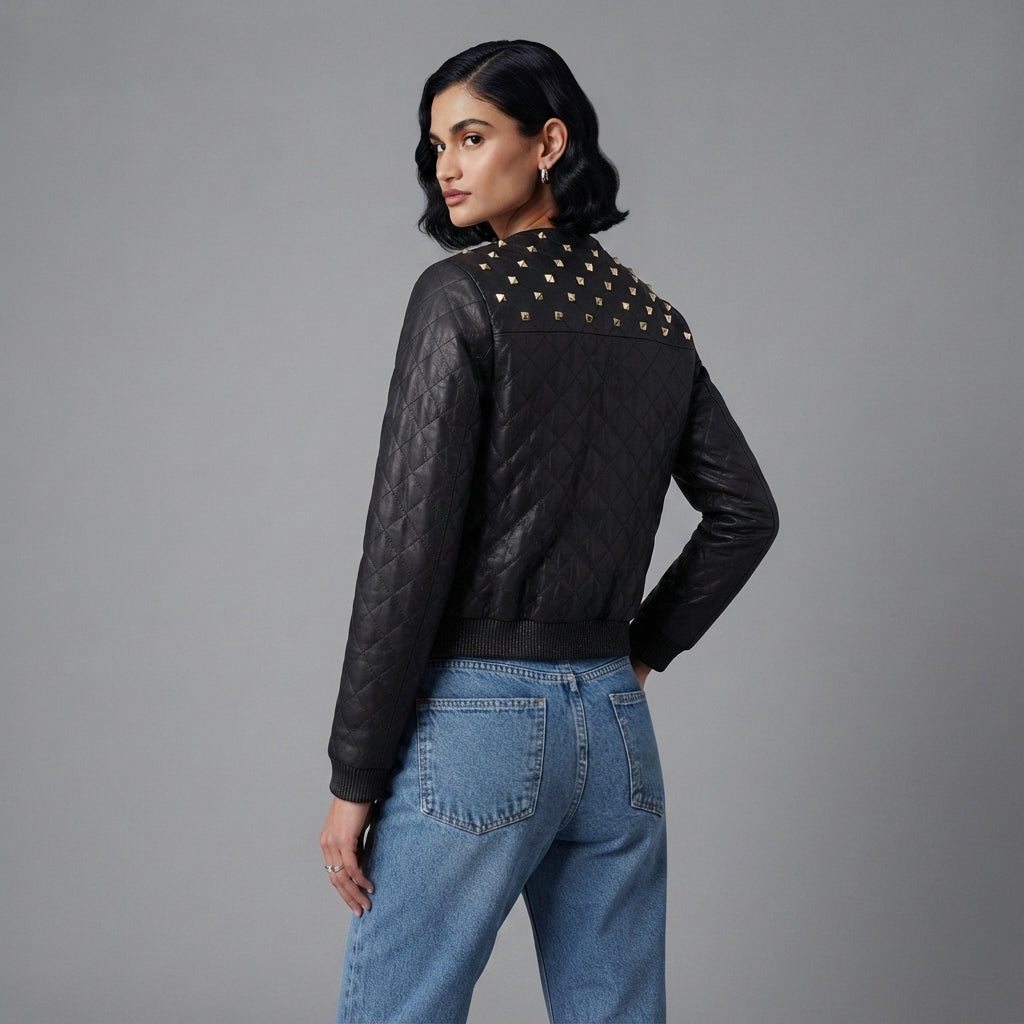 Women's Studded Quilted Leather Bomber Jacket