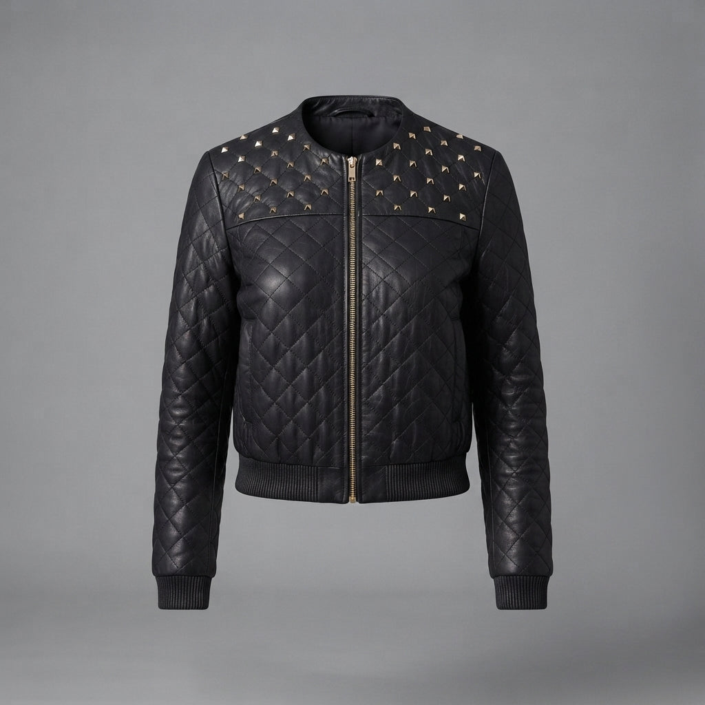 Women's Studded Quilted Leather Bomber Jacket