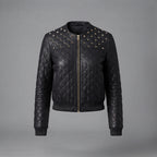 Women's Studded Quilted Leather Bomber Jacket