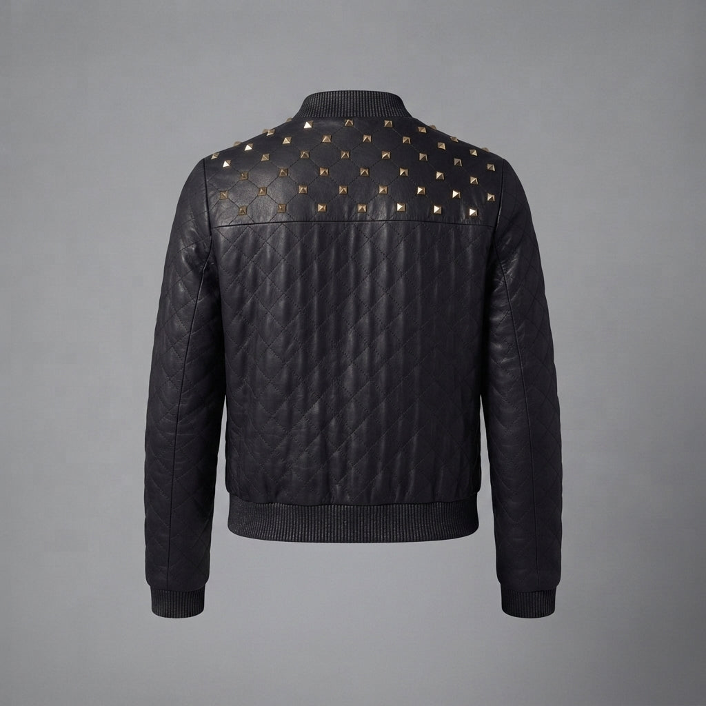 Women's Studded Quilted Leather Bomber Jacket