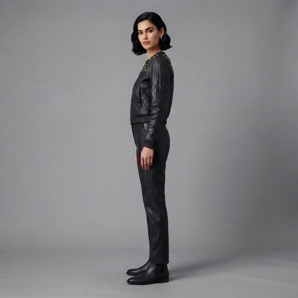 Women's Studded Quilted Leather Bomber Jacket