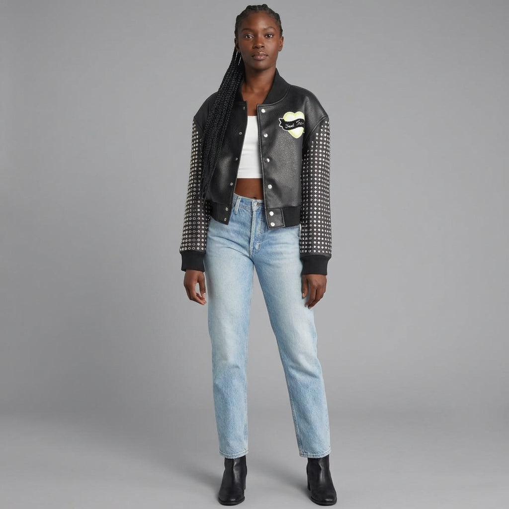 Studded Leather Bomber Jacket