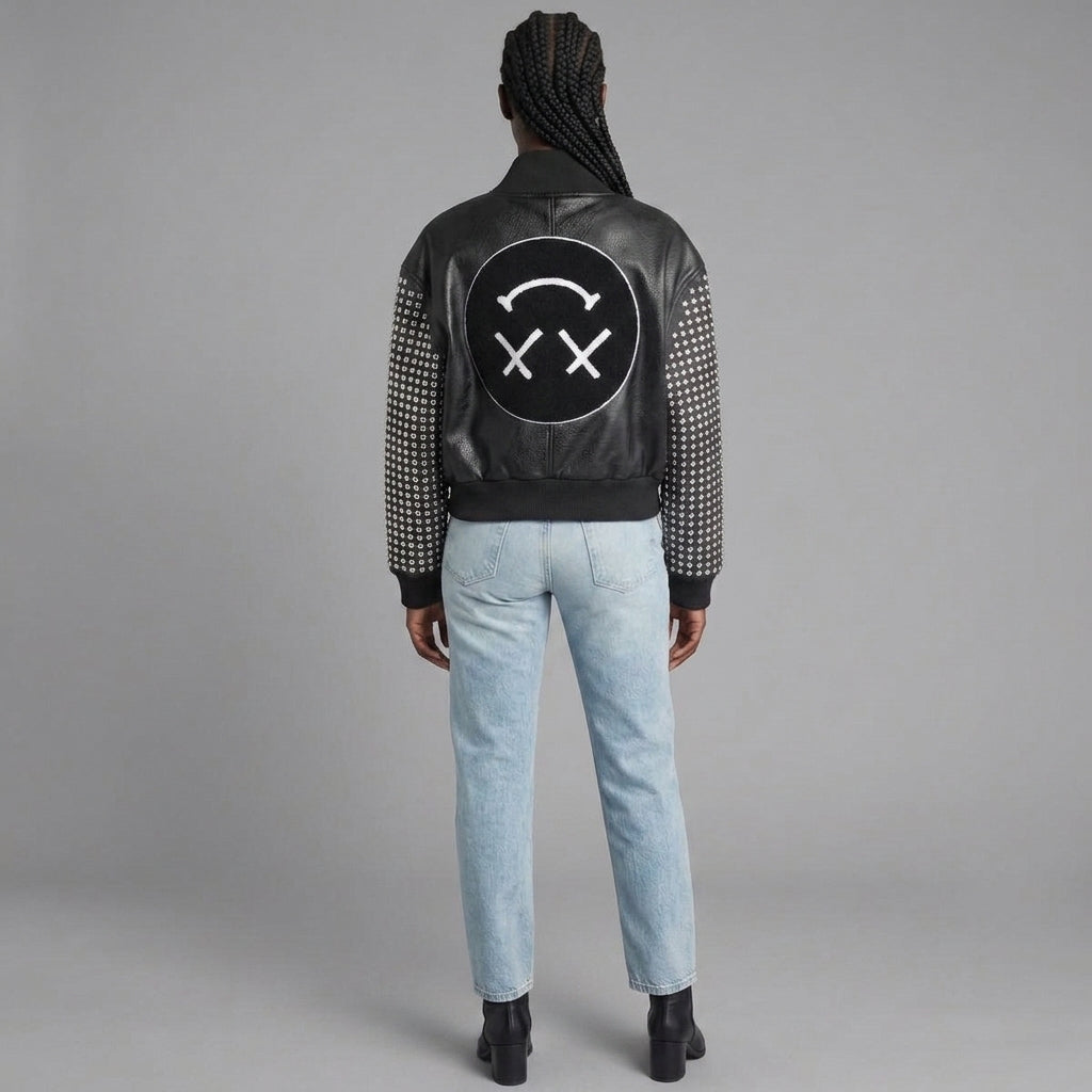 Studded Leather Bomber Jacket