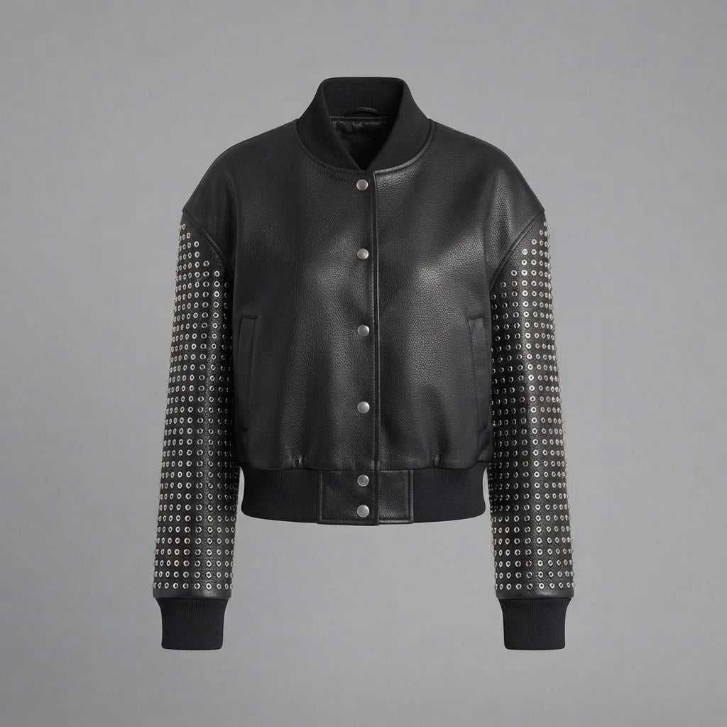 Studded Leather Bomber Jacket