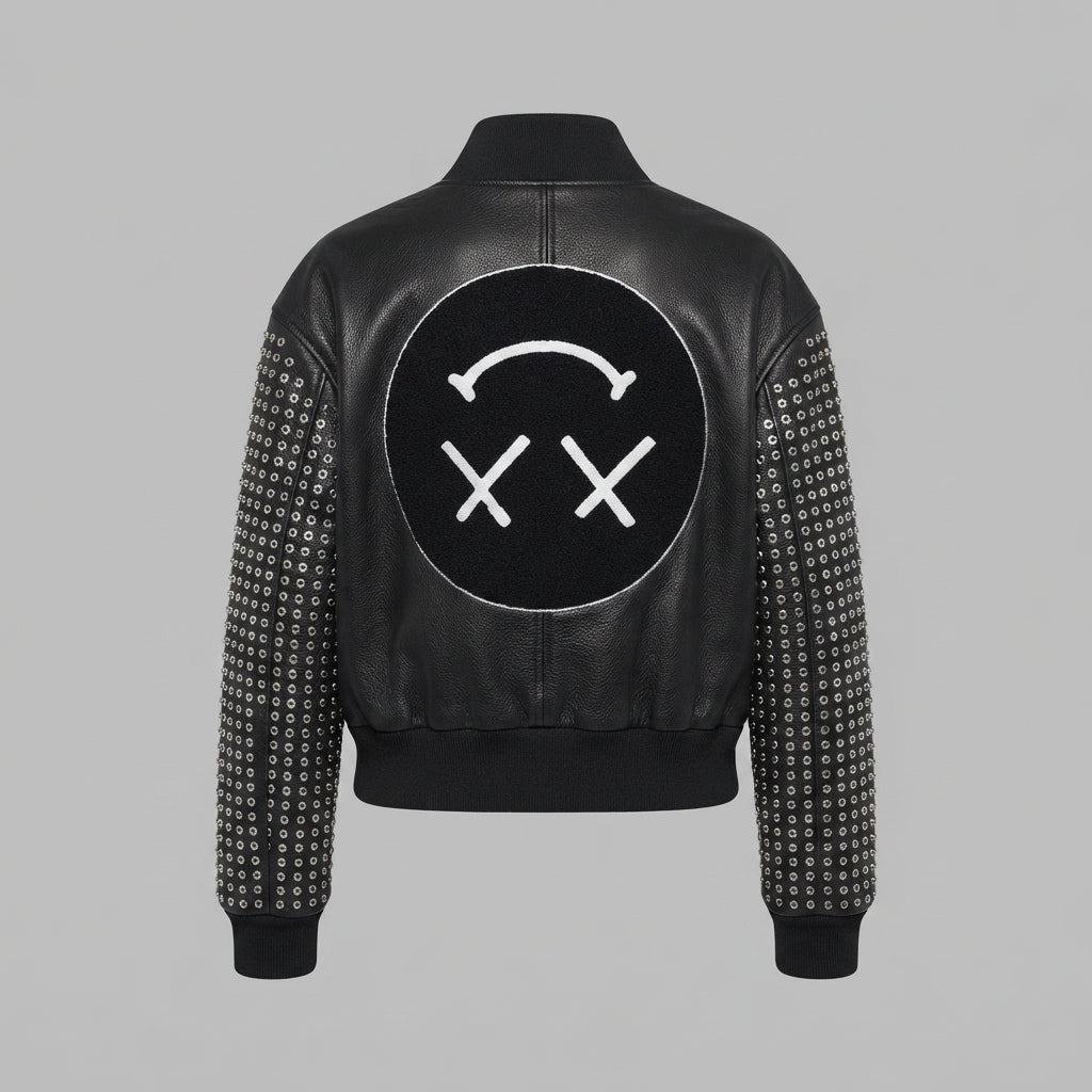 Studded Leather Bomber Jacket