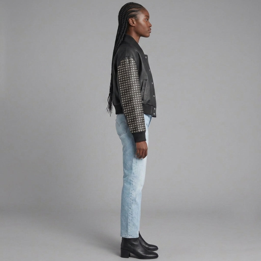 Studded Leather Bomber Jacket