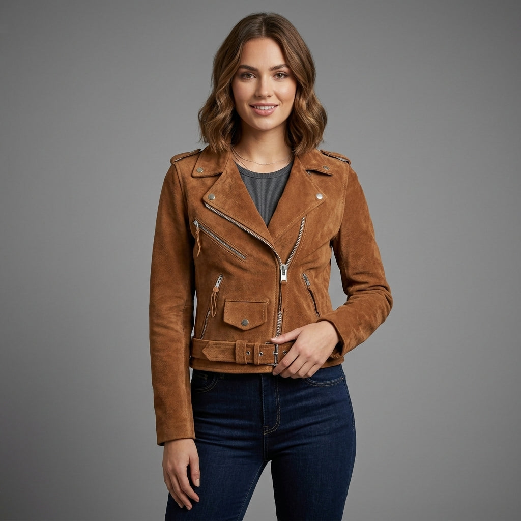 Women's Suede Belted Moto Jacket