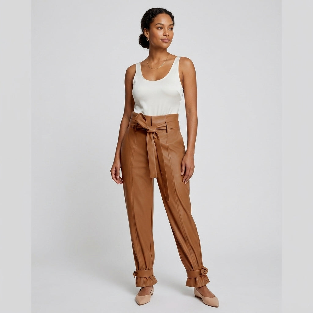 Women's Tan Belted Leather Pants