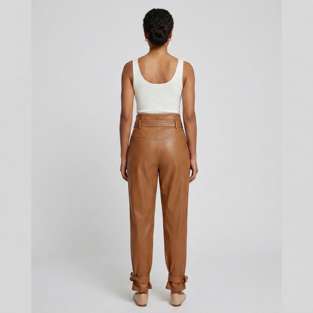 Women's Tan Belted Leather Pants