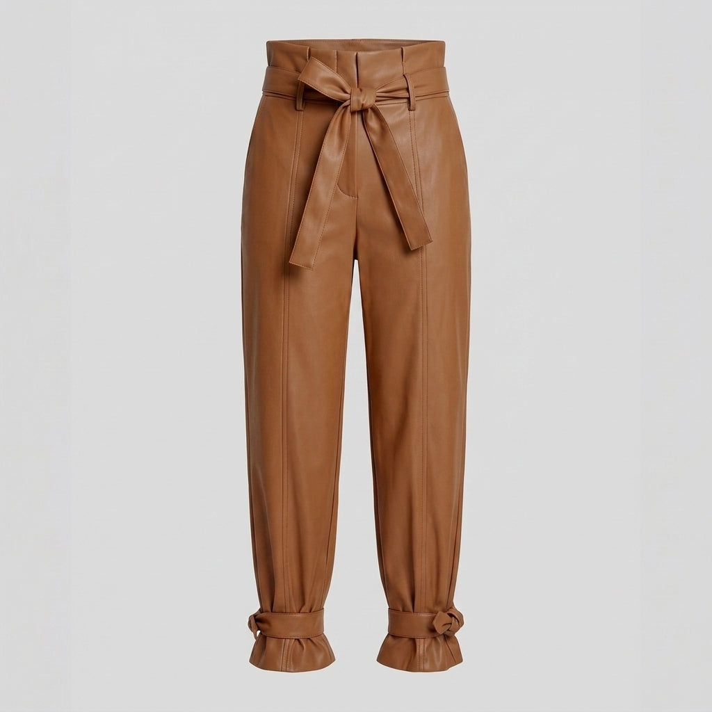 Women's Tan Belted Leather Pants