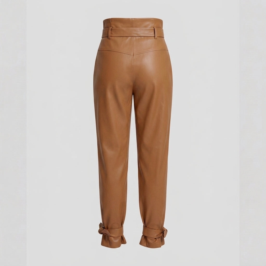 Women's Tan Belted Leather Pants
