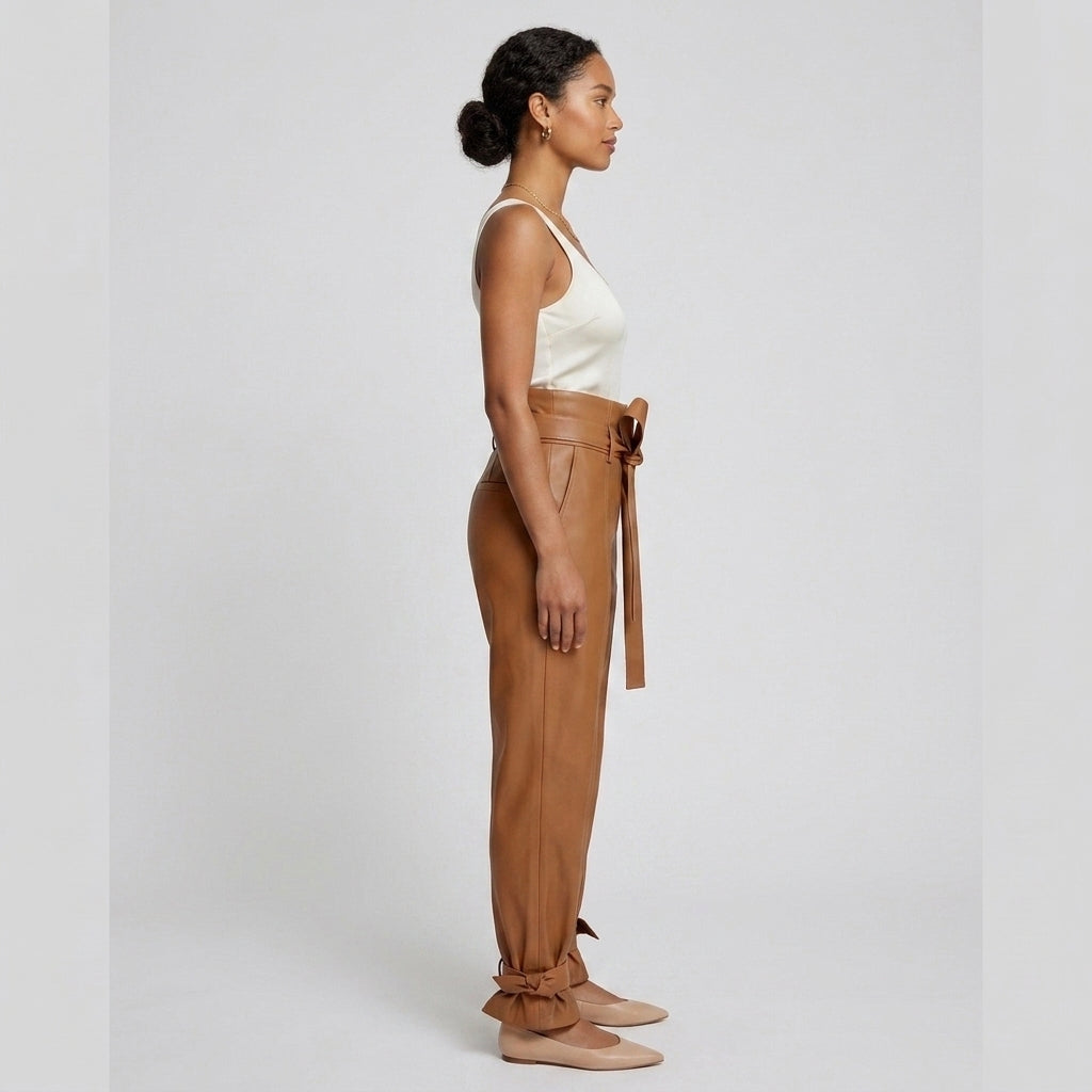 Women's Tan Belted Leather Pants