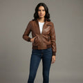 Women's Tan Leather Bomber Jacket