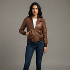 Women's Tan Leather Bomber Jacket