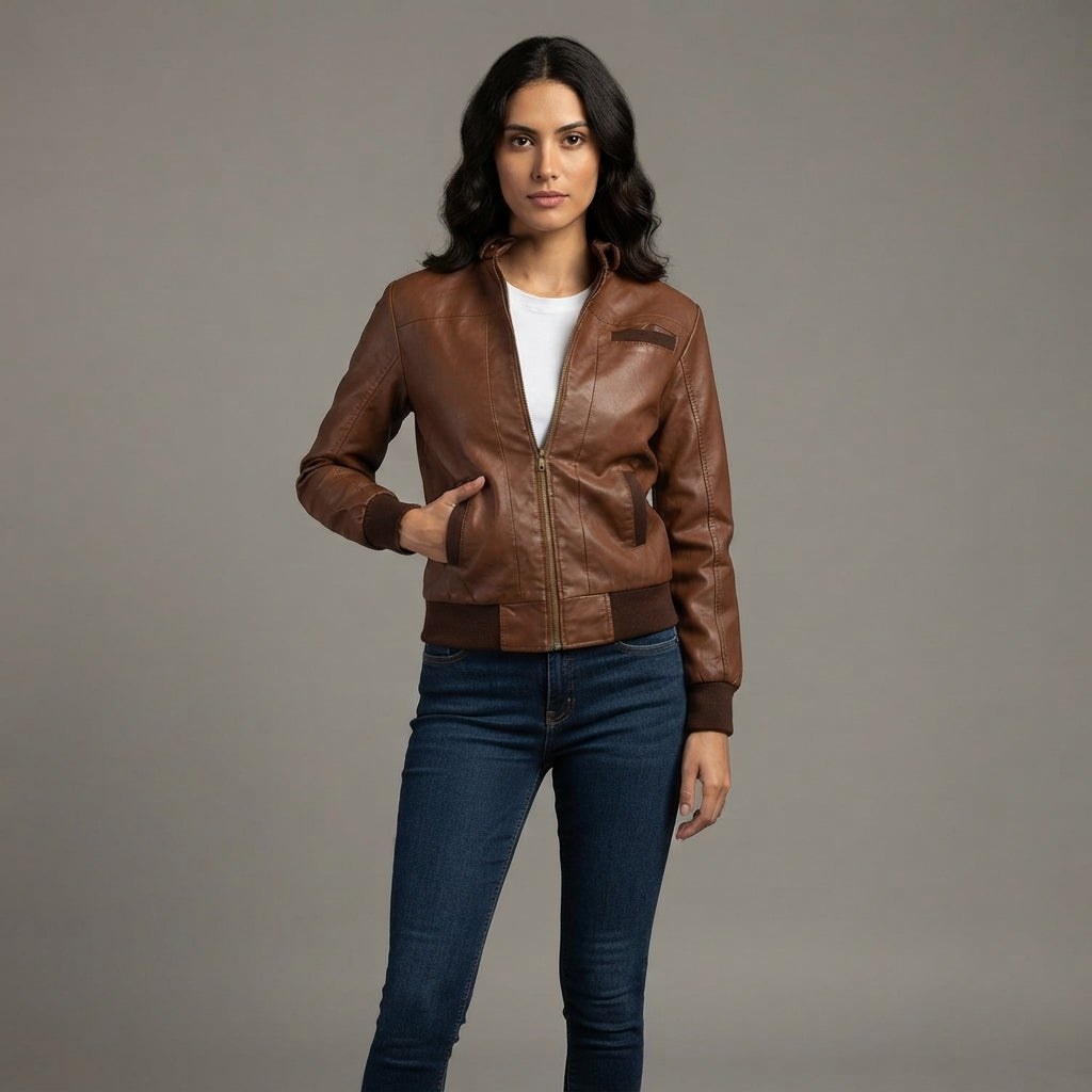Women's Tan Leather Bomber Jacket