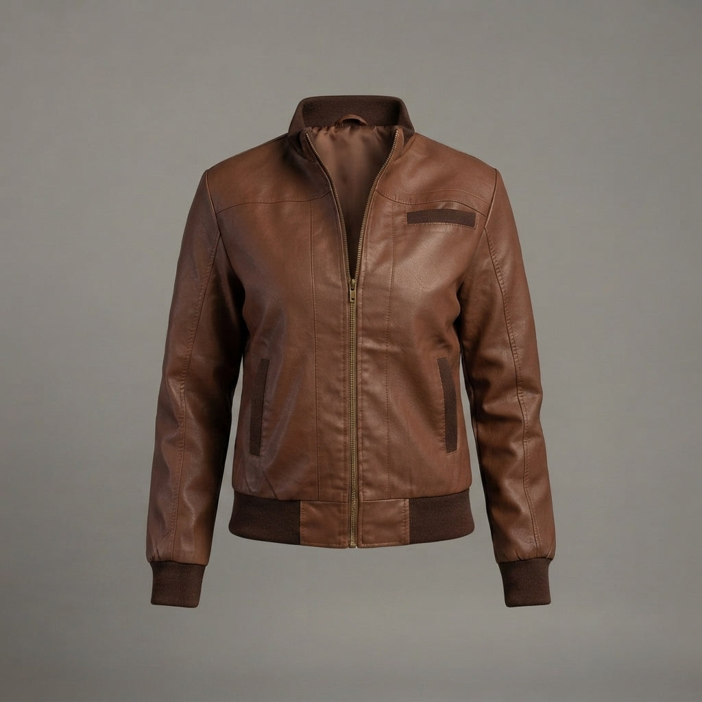 Women's Tan Leather Bomber Jacket