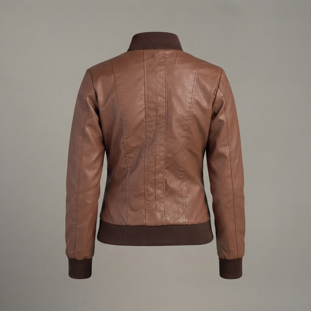 Women's Tan Leather Bomber Jacket