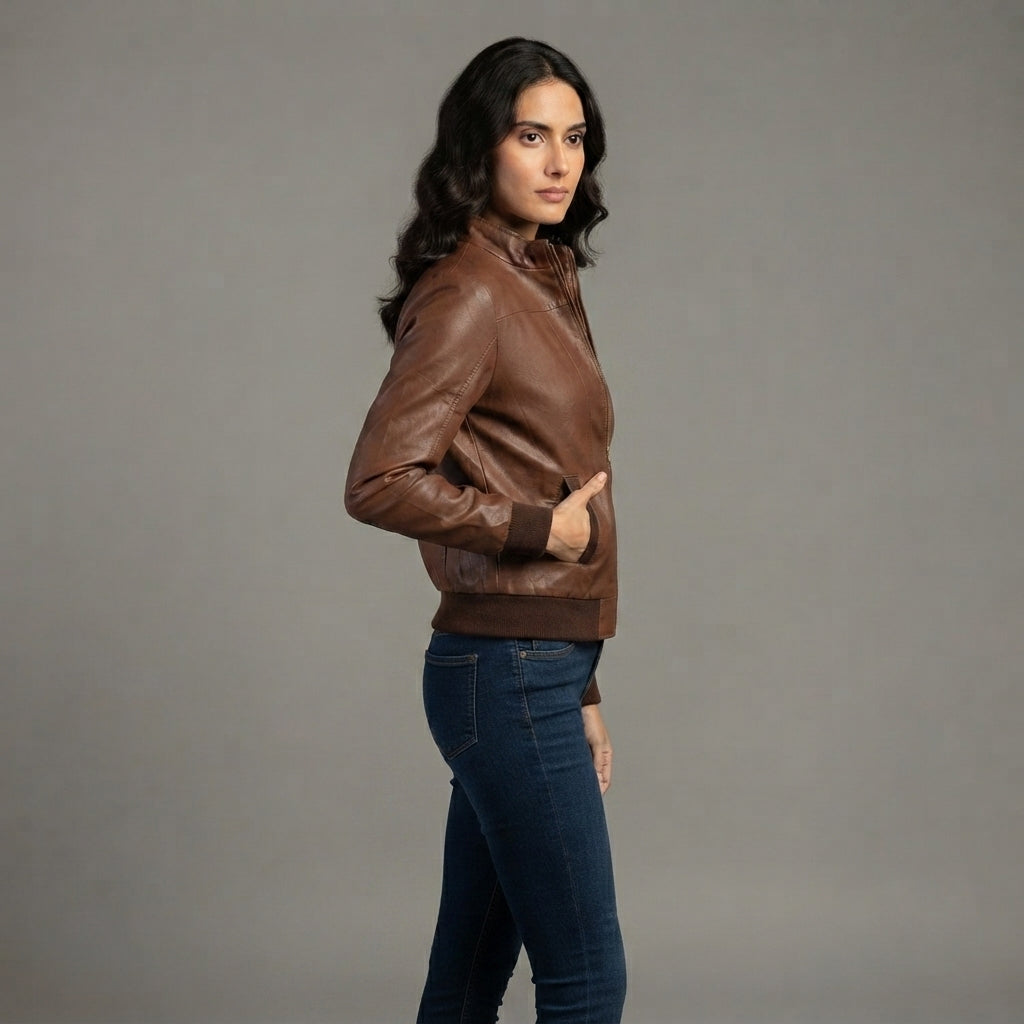 Women's Tan Leather Bomber Jacket