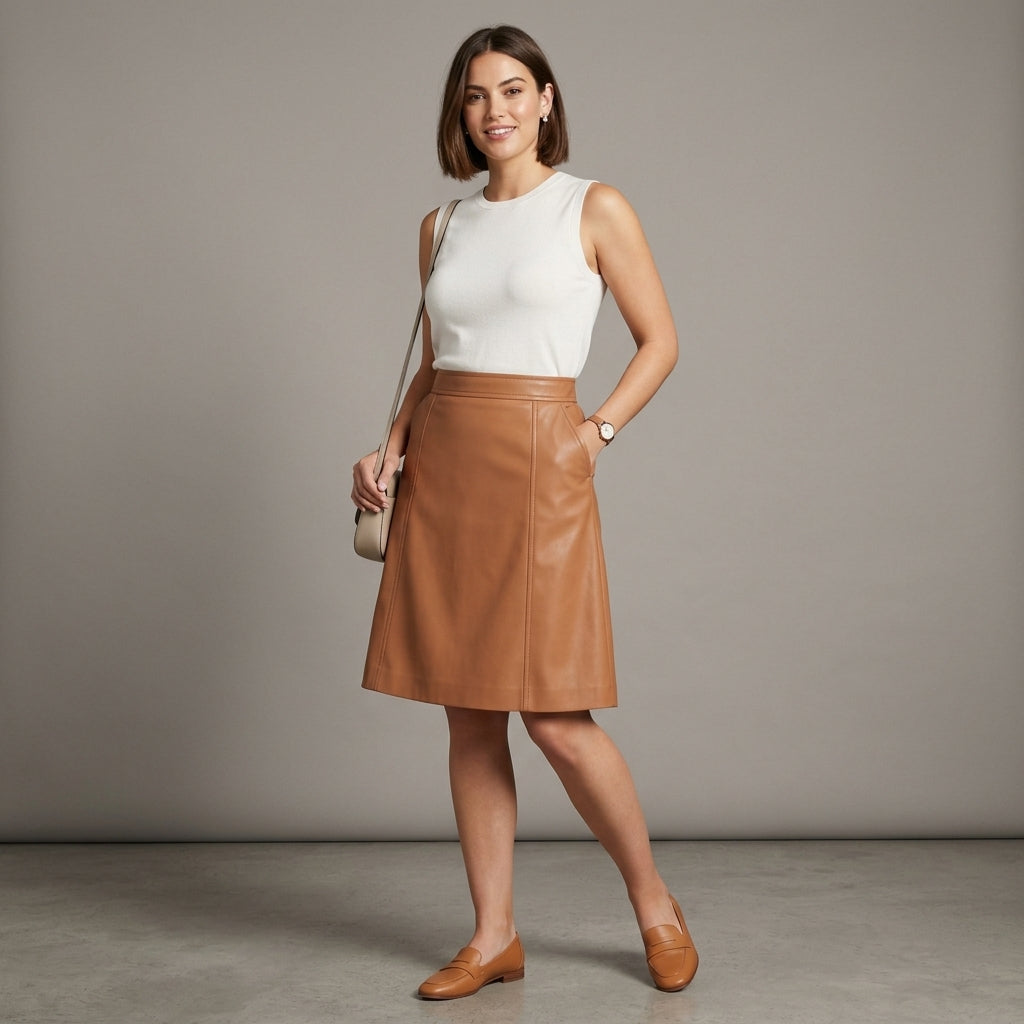Women's Tan Leather Midi Skirt