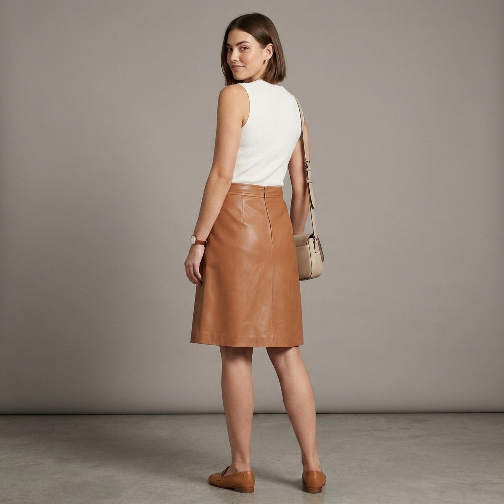 Women's Tan Leather Midi Skirt