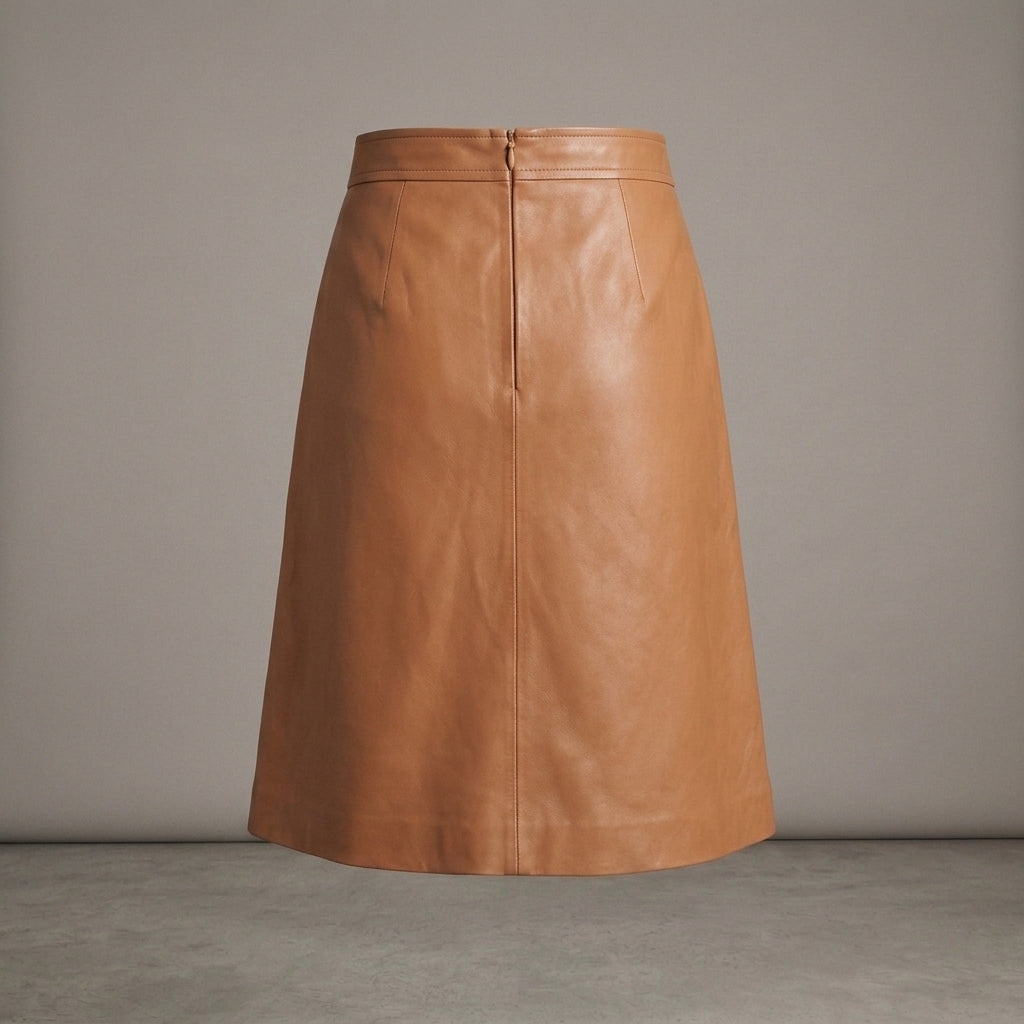 Women's Tan Leather Midi Skirt