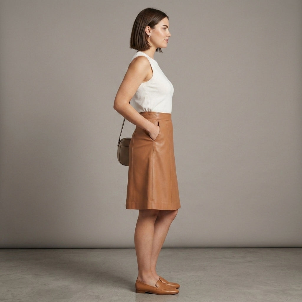 Women's Tan Leather Midi Skirt