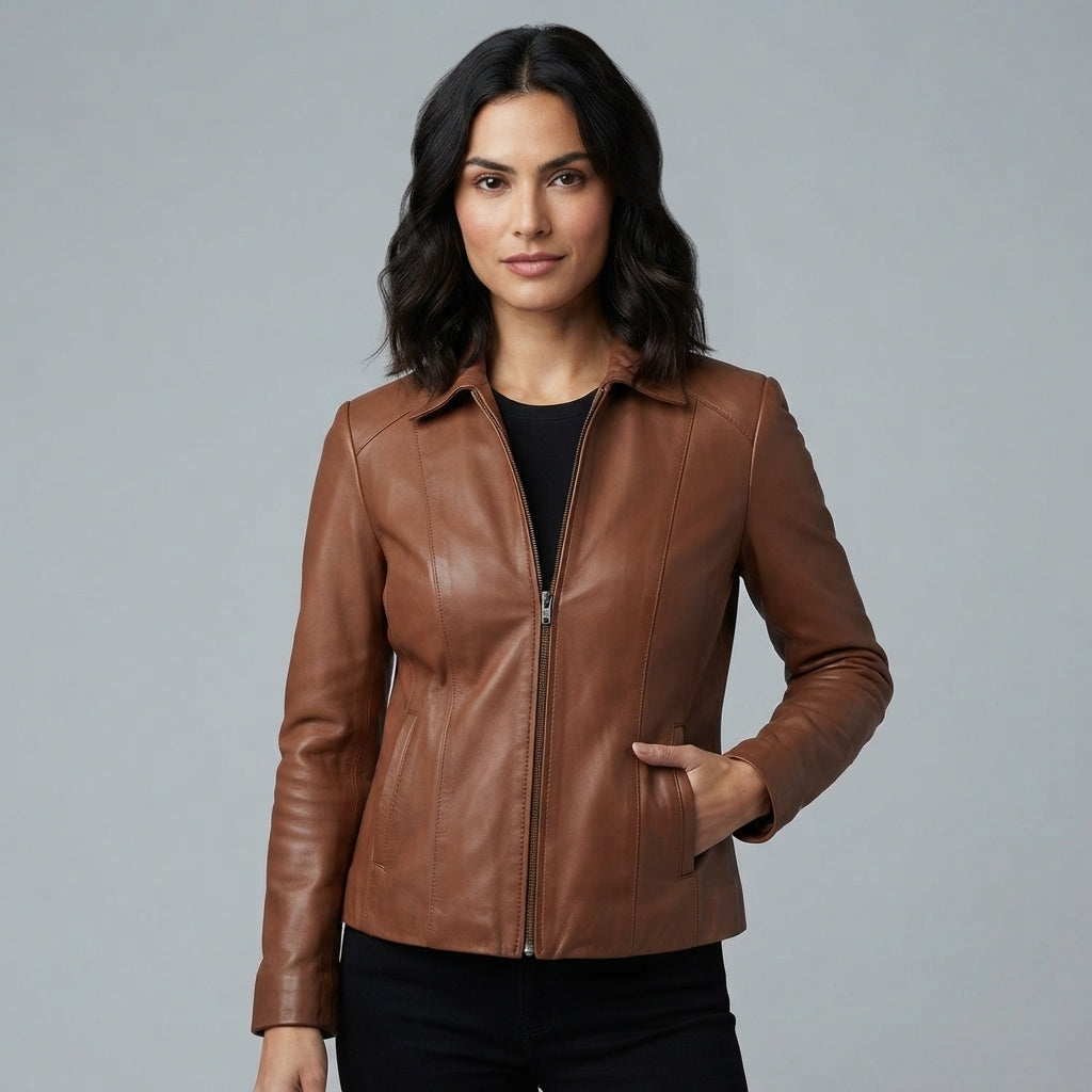 Women's Tan Shirt-Style Leather Jacket