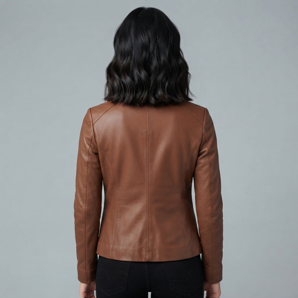 Women's Tan Shirt-Style Leather Jacket