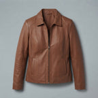 Women's Tan Shirt-Style Leather Jacket