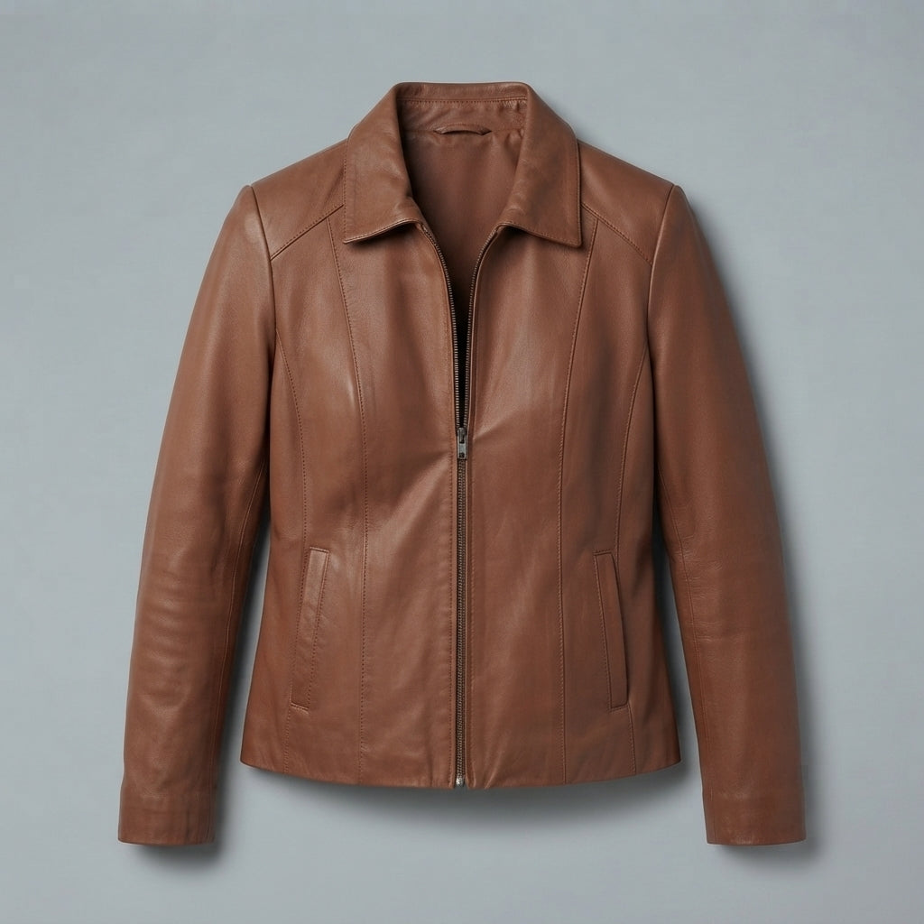 Women's Tan Shirt-Style Leather Jacket