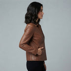 Women's Tan Shirt-Style Leather Jacket