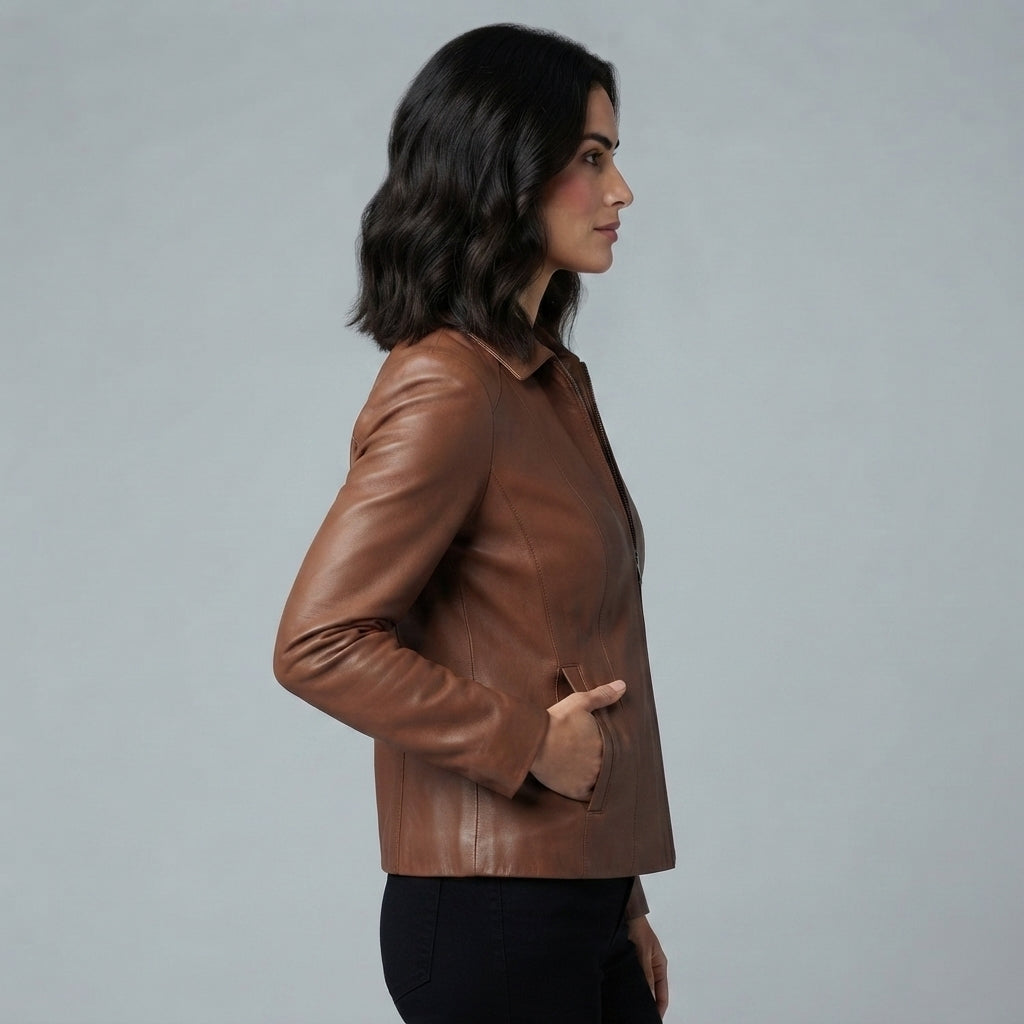 Women's Tan Shirt-Style Leather Jacket