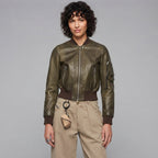 Women's Olive Aviator Leather Bomber Jacket