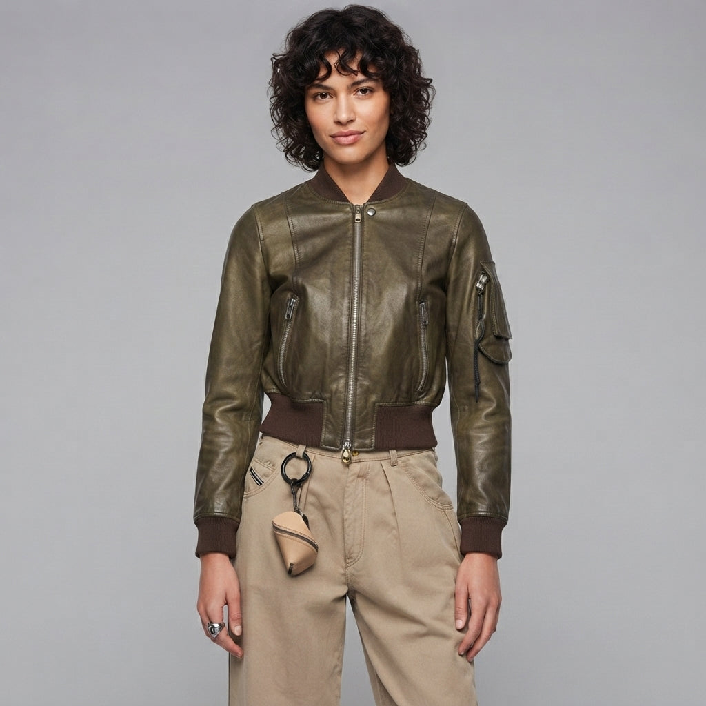 Women's Olive Aviator Leather Bomber Jacket