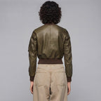 Women's Olive Aviator Leather Bomber Jacket