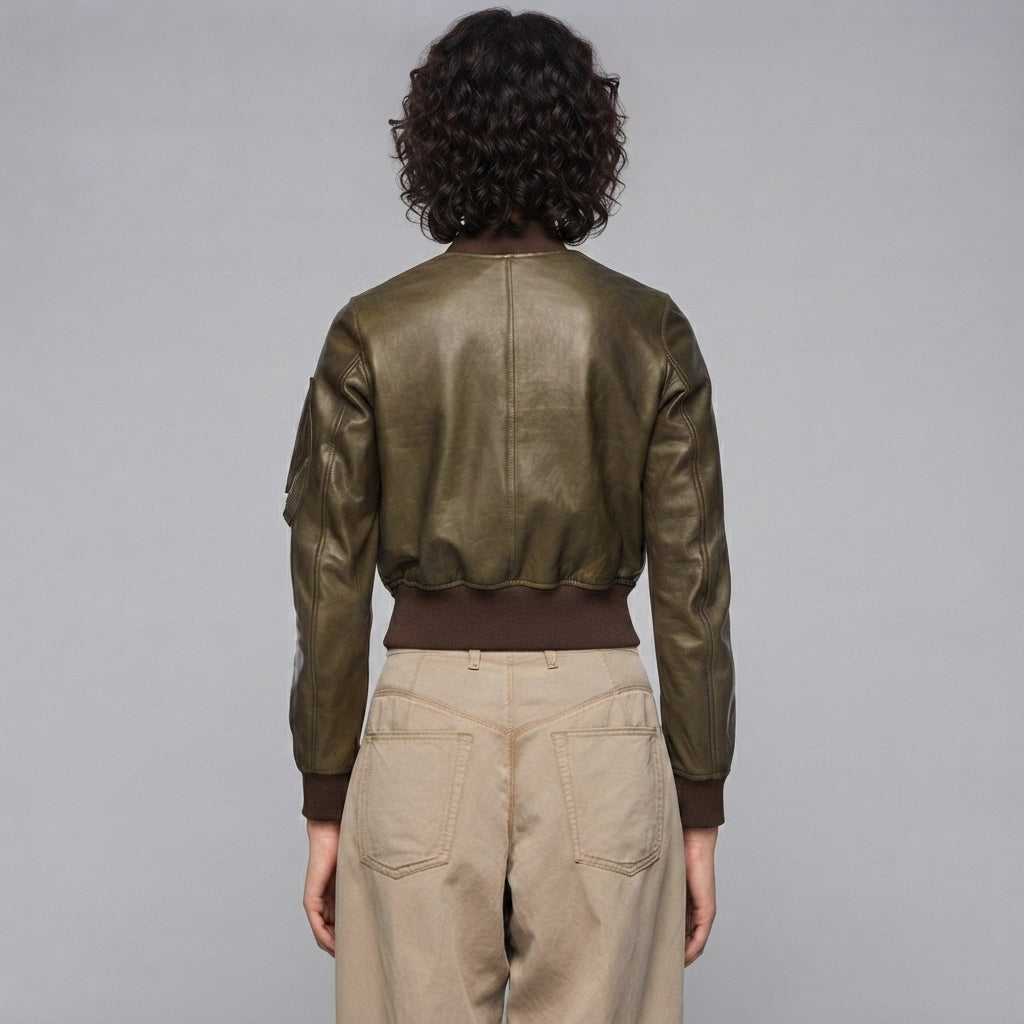 Women's Olive Aviator Leather Bomber Jacket