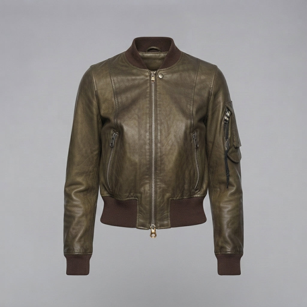 Women's Olive Aviator Leather Bomber Jacket