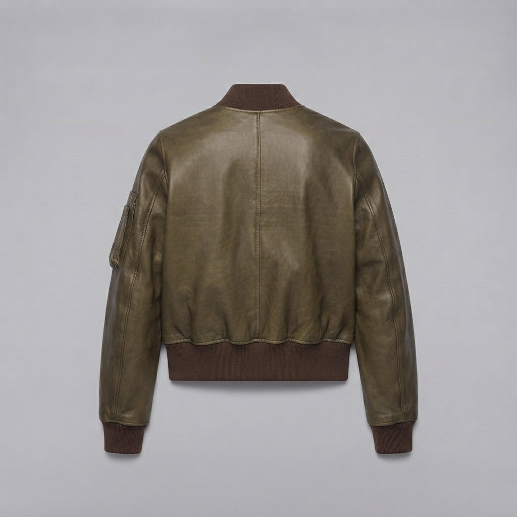 Women's Olive Aviator Leather Bomber Jacket