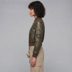 Women's Olive Aviator Leather Bomber Jacket