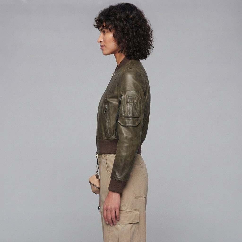 Women's Olive Aviator Leather Bomber Jacket