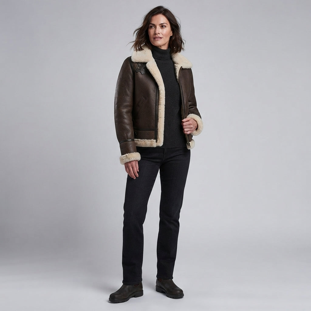 Women's B-3 Dark Brown Shearling Leather Jacket