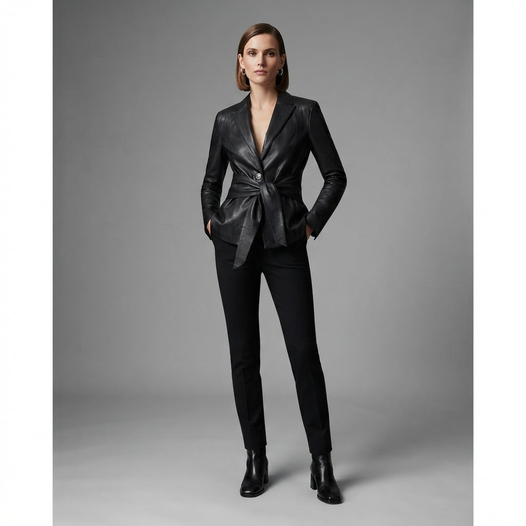 Women's Belted Black Leather Blazer