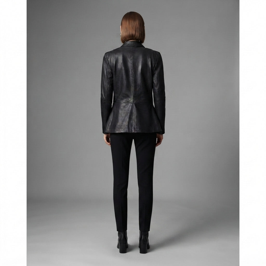Women's Belted Black Leather Blazer
