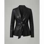 Women's Belted Black Leather Blazer