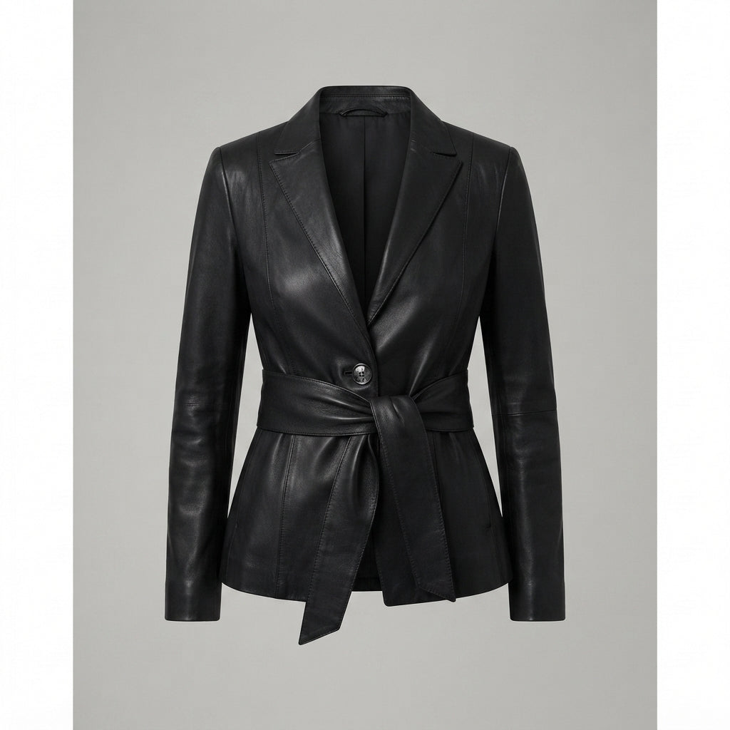 Women's Belted Black Leather Blazer