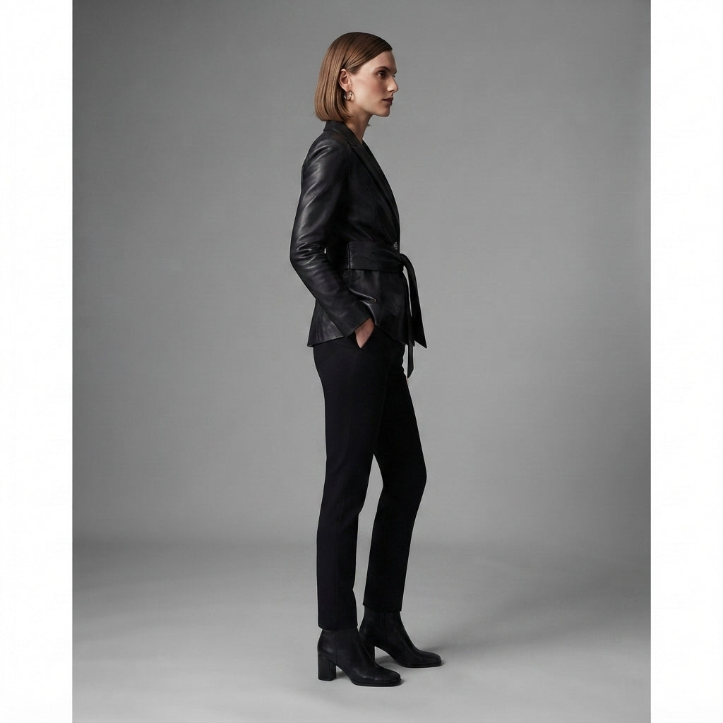 Women's Belted Black Leather Blazer